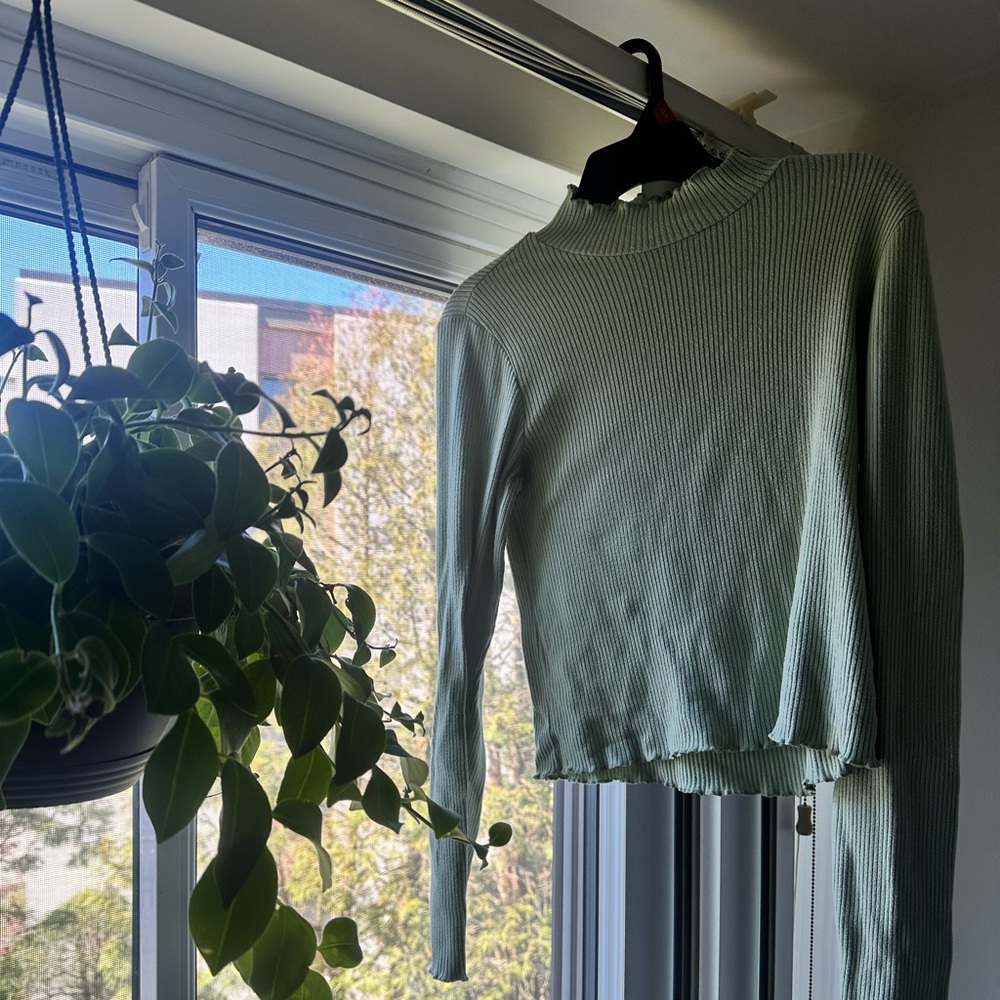 American Eagle Light Green Sage Ribbed Long-Sleeve Top